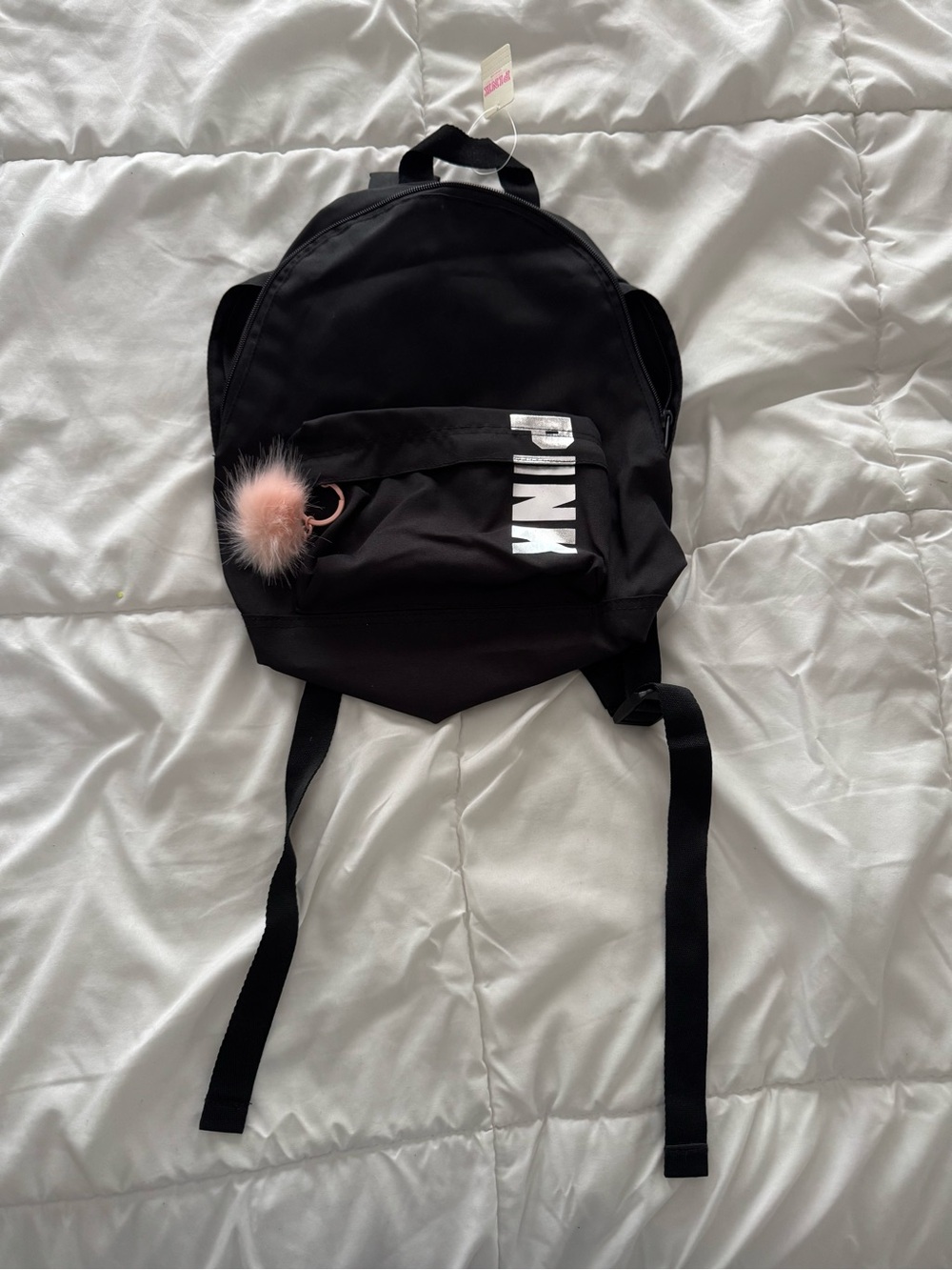 Brand New PINK Victoria's Secret Black Backpack with Pink Pom Keychain